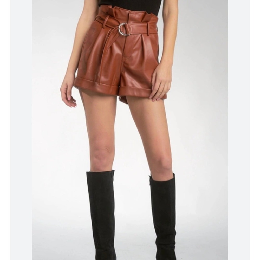 Elan Women's Cognac Vegan Leather High Waist Belted Shorts Brown Size Medium NWT